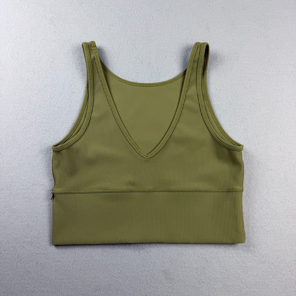 Lululemon Sports Bra Womens M Olive Green Ribbed V Neck Longline Yoga Crop Tank